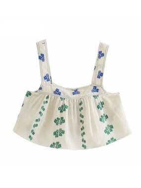 Zara White Cropped Tank Top with Blue and Green Floral Print sz L
